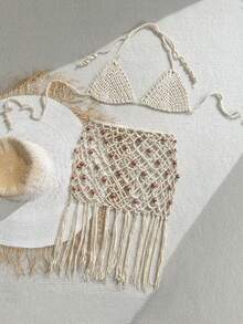 Soleia Beach Style Hollow Knit Camisole Top + Mini Skirt Set - Khaki - View 2