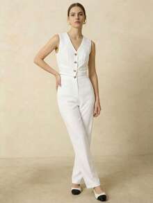 Conjunto 2 piezas Chaleco y pantalón mujer elegante, corte sastre, botones al frente, traje sofisticado para eventos formales y casuales tejido ligero cuelloescote V pantalón largo tipo sastre pierna recta, cómodo fresco eleganate día noche fiesta evento jardín primavera verano día noche fiesta evento calle diario - Blanco - Ver 6