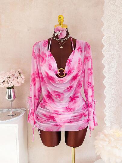  Bellisia New Arrival Women's Boho Beachy Vacation Style 4 Piece Pink Floral Print Beach Set - Halter Bikini Top & Bottom, Cowl Neck Long Sleeve Cutout Top With Gold Buckle Accent, Ruched Drawstring Mini Skirt Cover Up - Light Pink Base With Dark Pink Floral Print - Sheer Lightweight Breathable Fabric For Summer Beach Vacation, Pool Party Music Festival Weddings,Spring Break Outfit