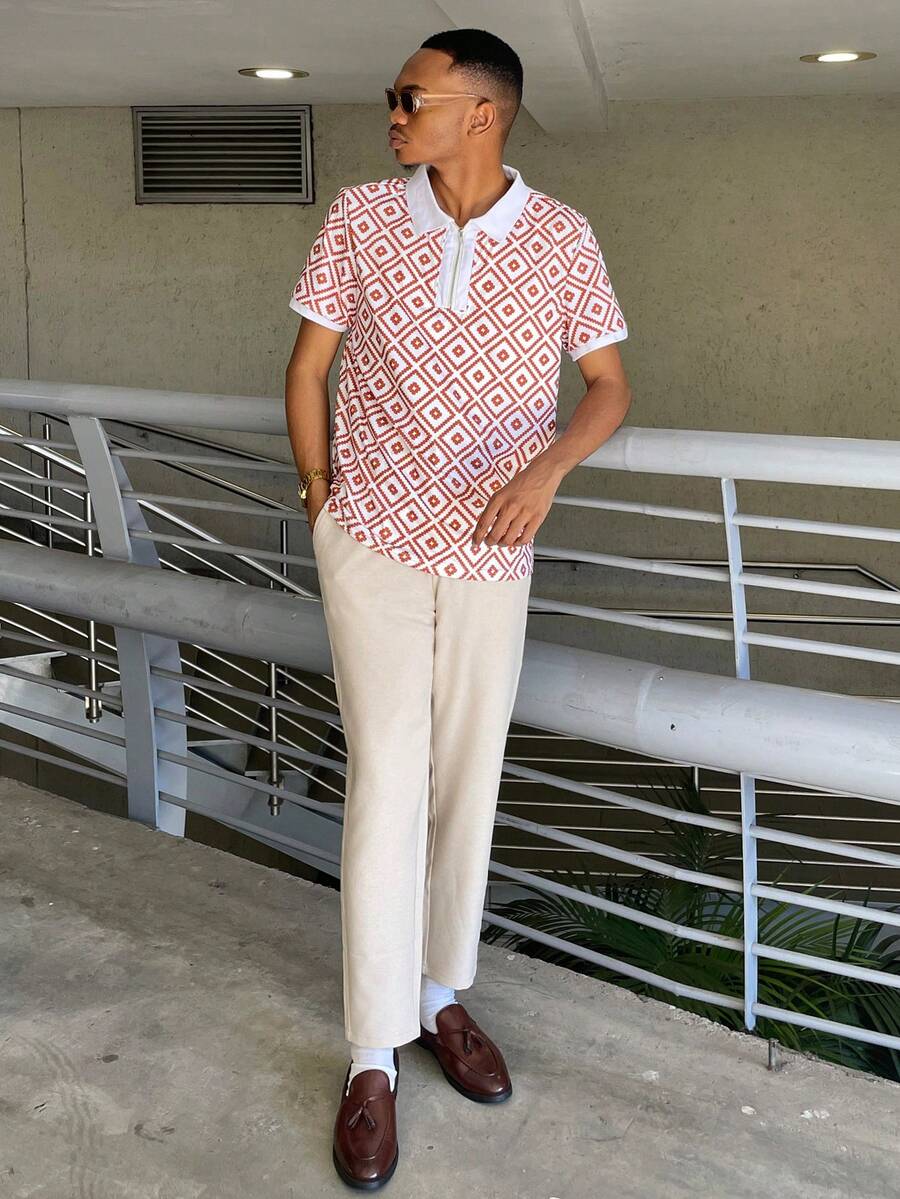 Ngobest Haus Ngobest Haus 男士幾何印花1/4拉鍊POLO衫 - 棕色 - 查看 1