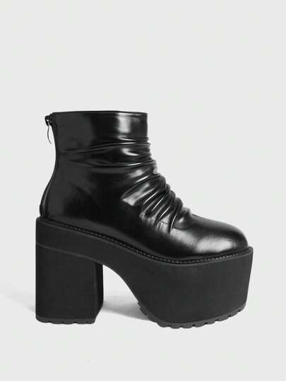 Sugerpunk Women's Black Punk Style Round Toe Thick Heel Pleated Ankle Boots