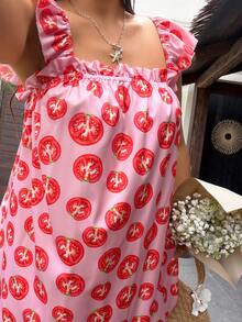 Sunnyshic Summer Tomato Print Cap Sleeve Square Neck Loose Short Dress For Women - Multicolor - View 1