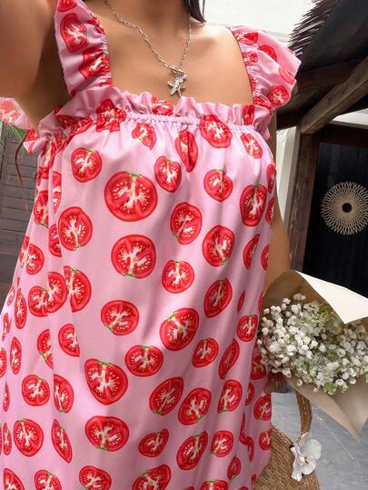Sunnyshic 夏季番茄印花短袖方领宽松短款连衣裙（女款）