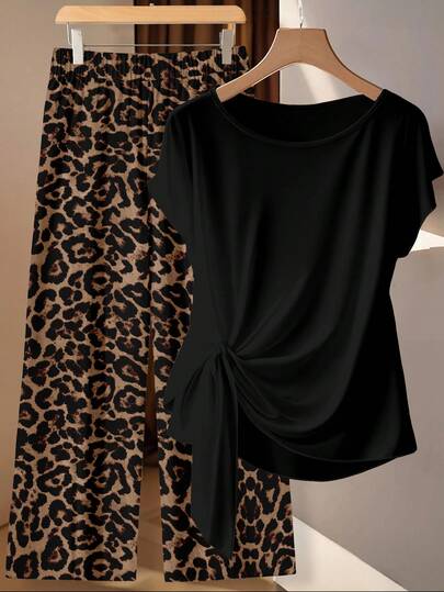 EMERY ROSE Women's Contrast Leopard Print Tie Bow Blouse And Straight Leg Loose Pants 2 Pieces Set,Casual Cute Black Tops Animal Print Top Leopard Tops Cheetah Print Tops Leopard Print Outfit Women's Two Pieces Set Short Sleeve Top And Pants Set Women's Casual Sets Leopard Print Pants Set