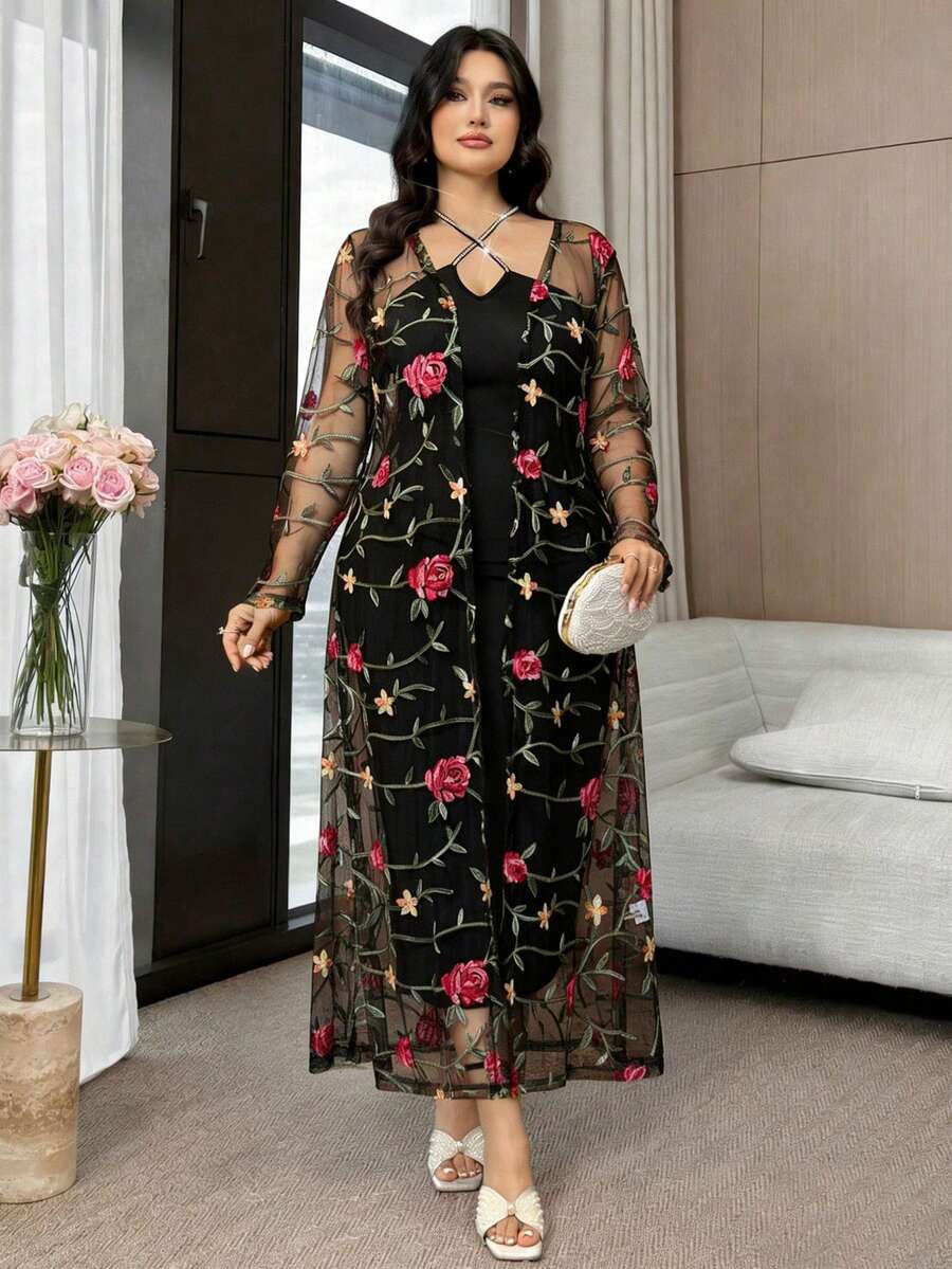 EMERY ROSE Femmes grande taille Veste élégante vintage romantique en mousseline de soie brodée Jalabiya Ramadan à manches longues fine, printemps/été - Noir - Voir 1