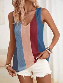 SHEIN LUNE Women's Striped V-Neck Casual Loose Versatile Tank Top - Multicolor - View 3
