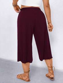 Linhara CURVE Plus Size Women Casual Ruffle Hem Wide Leg Capri Pants - Burgundy - View 3