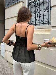 Elyressa Women's Fashionable Sequin Contrast Mesh Camisole For Summer - Black - View 2