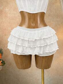 SaltGleam 女士优雅甜美蕾丝拼接荷叶边低腰短裤 - 白色 - 查看 1