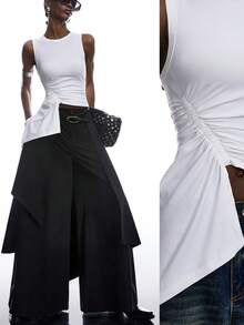 LYSMO 2026新款极简主义春夏女装纯色圆领褶皱不对称下摆时尚百搭无袖T恤，适合度假/Y2K风格 - 米色 - 查看 1