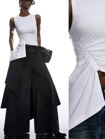 LYSMO 2026 Nuovi arrivi Minimalismo Primavera/Estate Maglietta da donna a tinta unita con collo rotondo, arricciata, orlo asimmetrico, versatile e alla moda, senza maniche, adatta per vacanze/stile Y2K