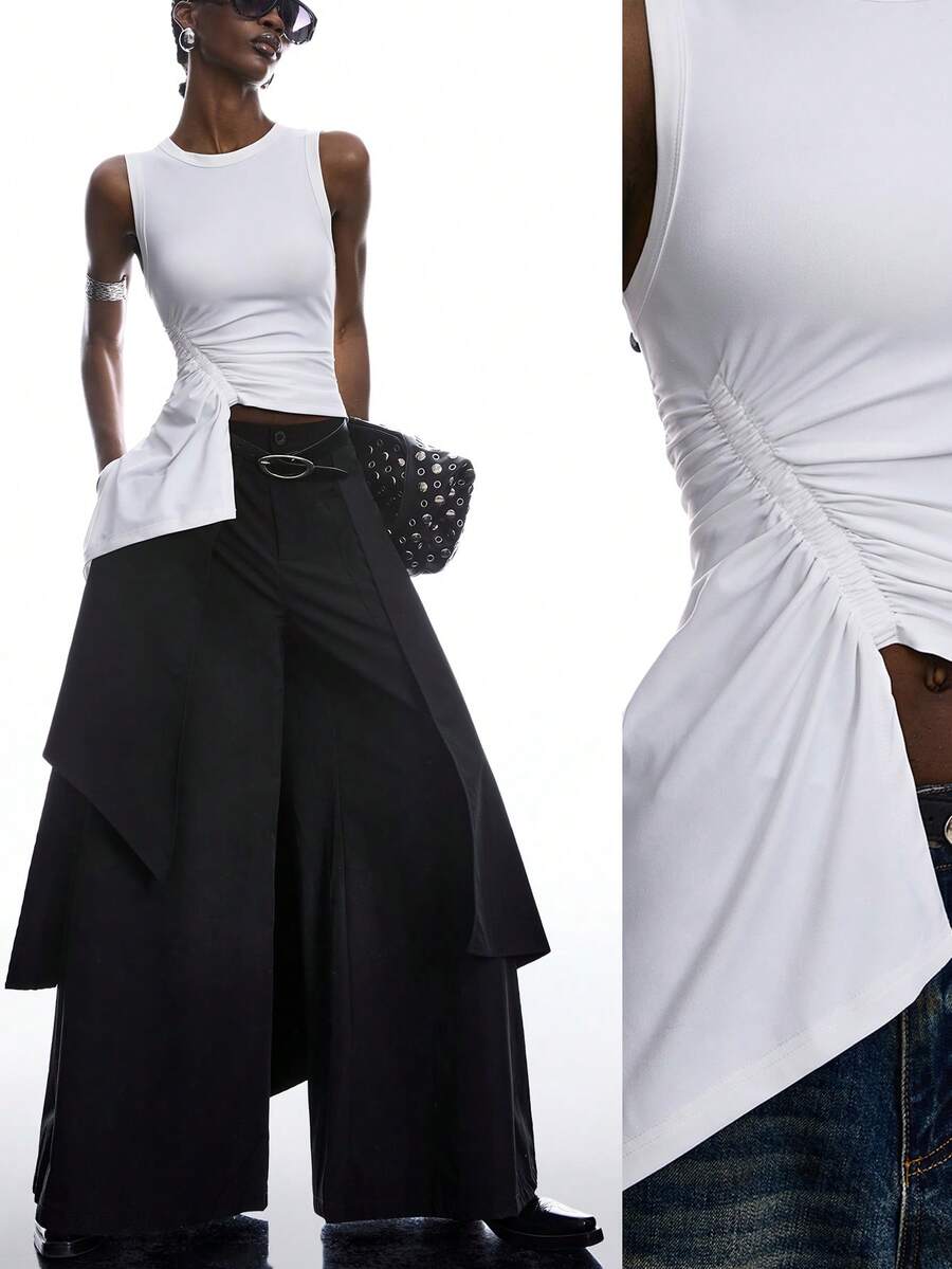 LYSMO 2026新款极简主义春夏女装纯色圆领褶皱不对称下摆时尚百搭无袖T恤，适合度假/Y2K风格 - 米色 - 查看 1