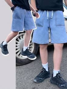 SHEIN Tween Boy Fashion Homecoming Streetwear Mix And Match Versatile Design Vintage Cool Street Drawstring Design All-Elastic Waistband Blue Loose-Fitting Denim Shorts For Dailywear And Spring To Summer Rave Festival And Streetwear Summer Shorts Jeans Short Baggy Jeans - Blue - View 1