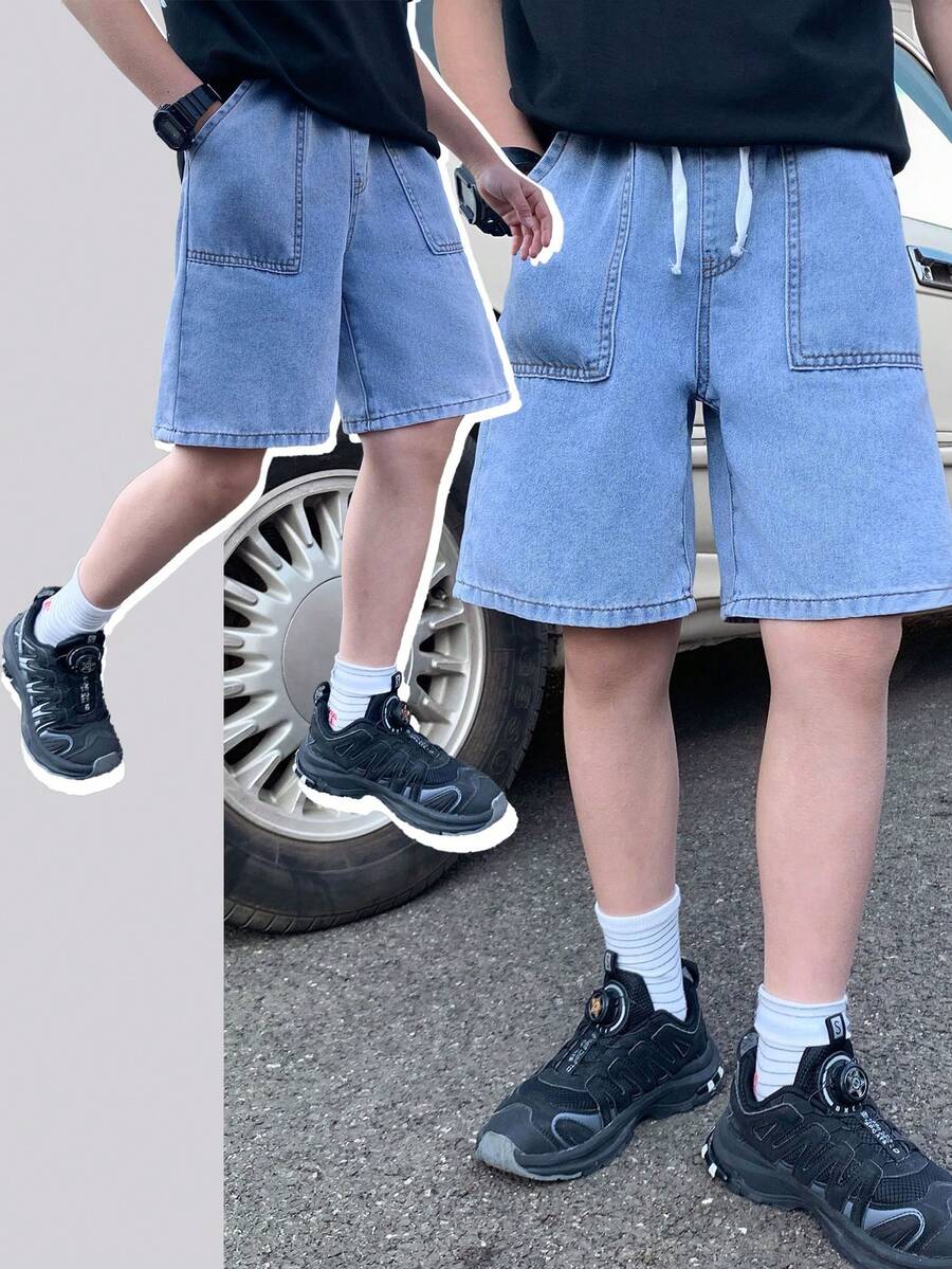 SHEIN Tween Boy Fashion Homecoming Streetwear Mix And Match Versatile Design Vintage Cool Street Drawstring Design All-Elastic Waistband Blue Loose-Fitting Denim Shorts For Dailywear And Spring To Summer Rave Festival And Streetwear Summer Shorts Jeans Short Baggy Jeans - Blue - View 1
