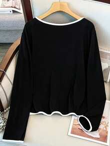 GlowEve CURVE Conjunto de 2 piezas de blusa de manga larga con ribete de color contrastante y camiseta interior, talla grande - Blanco y Negro - Ver 2