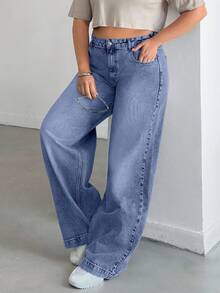 EURMUSE WOMEN HIGH WAISTWIDELEG CUTLINE PLUS SIZE JEAN - Baby Blue - View 6