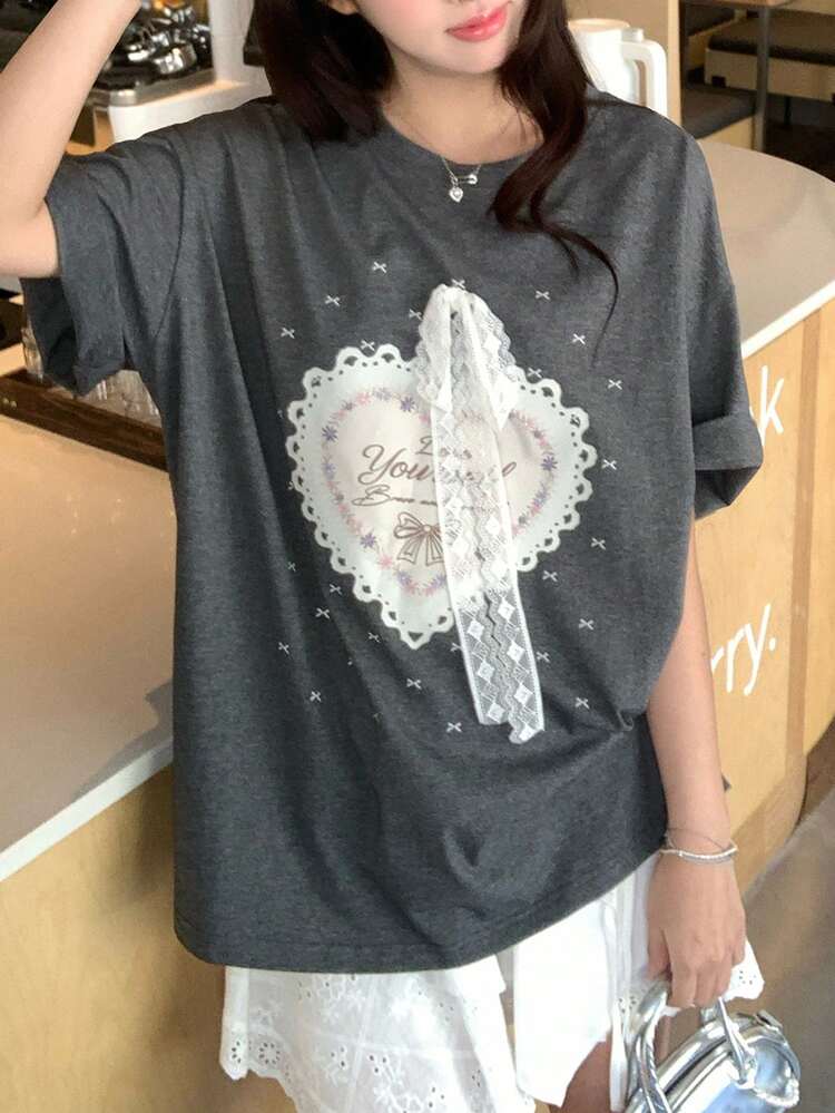 Women's Heart & Bow Print Short Sleeve T-Shirt, Casual Tee For Girls Summer