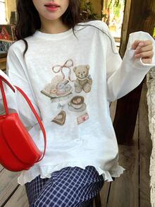 DAZY Áo thun nữ tay dài cổ tròn kiểu Hàn Quốc, họa tiết hoa, xếp bèo. - trắng - Xem 4