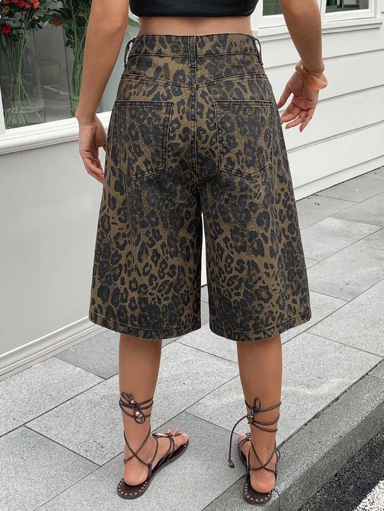 Women's Leopard Print Casual Loose Denim Shorts Summer Jorts