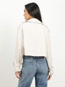 KSTM Áo khoác dáng ngắn hai hàng cúc dành cho nữ, cổ ve áo và thắt lưng, kiểu dáng blazer nhẹ, thích hợp cho mùa xuân thu. - Màu Khaki - Xem 2