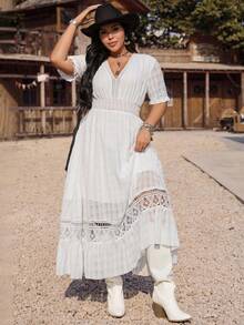 LanaWest CURVE Fashionable White Chiffon Maxi Dress With Lace Detailing And An Elastic Waist, Perfect For Spring And Summer. - White - View 7
