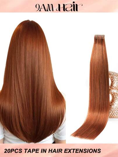 50克20件装100%真人发片接发，适用于沙龙品质，113#姜色丝滑无缝隐形优质胶带直发接发，持久秀发，发尾浓密，适合万圣节服装