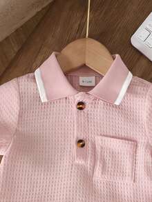 SHEIN Bộ 2 món đồ bé trai sơ sinh màu hồng, áo polo ngắn tay và quần short lưng thun, phong cách thường ngày mùa hè, phối màu tương phản, bo gân, size 3M-3T, đồ gia đình đồng bộ - Hồng - Xem 6