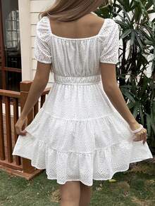 Livesso Summer All-Cotton Elegant Party Holiday Easter White Petal Sleeve Tie Waist Splice Vacation Mini Dress For Women - White - View 2