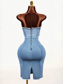 Mistrie Women's Denim Extra Long High Slit Dress - Blue - View 2