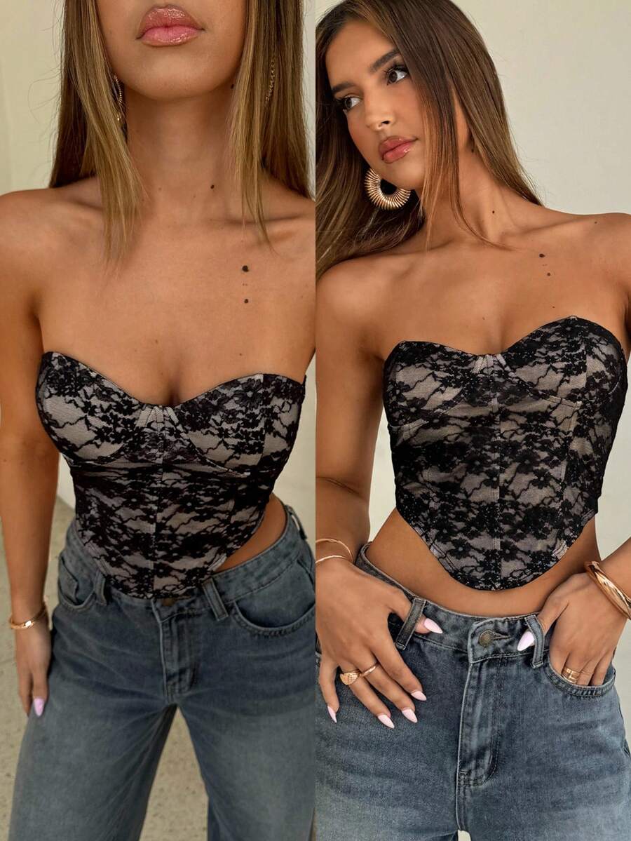 Aloruh 女士性感心形蕾丝紧身胸衣上衣紧身胸衣夏季上衣女士紧身胸衣上衣抹胸外出上衣女士