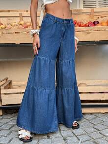 Selianne 女士休闲度假通勤款层叠下摆宽松阔腿牛仔裤，不含腰链 - 藍色 - 查看 6