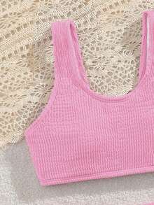 SHEIN 少女比基尼套装，欧美时尚简约优雅休闲针织波浪面料泳衣两件套，适合度假、游泳、夏季、海滩穿着 - 西瓜粉 - 查看 3