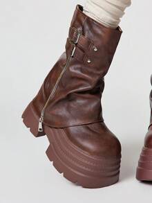 ROMWE Grunge Punk Botas de mujer estilo rock oscuro, punk, gótico, con puntera puntiaguda, botas de tobillo con cuña, suela gruesa, hebilla y correa, botas de montar de tobillo - Marrón - Ver 3