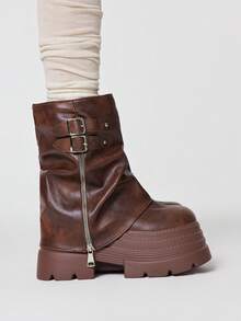 ROMWE Grunge Punk Botas de mujer estilo rock oscuro, punk, gótico, con puntera puntiaguda, botas de tobillo con cuña, suela gruesa, hebilla y correa, botas de montar de tobillo - Marrón - Ver 4