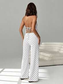 SHEIN EZwear 两件套波点印花系带露背吊带背心和抽绳阔腿裤，适合度假和海滩穿着。 - 白色 - 查看 2
