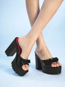 Sugerpunk Giày sandal cao gót hở mũi thời trang và dễ thương dành cho nữ, thiết kế quai nơ thanh lịch theo phong cách Punk Gothic, đế dày chống thấm nước, gót chunky, giày slip-on mùa xuân/hè dành cho nữ dự tiệc đêm, lễ hội. - màu đen - Xem 7