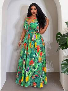 Slaydiva 春夏新款度假性感沙滩音乐节篝火派对酒店度假村邮轮旅行日光浴约会派对缤纷多彩度假无袖交叉吊带系腰A字长裙，印花图案，梭织面料，大码女士裹身连衣裙，花卉长裙裹身裙热带印花女士裹身裙女装 - 彩色 - 查看 4