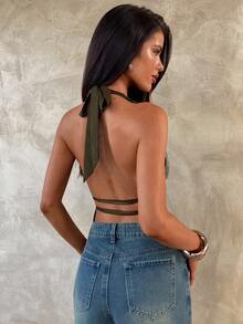 Aloruh Young Lady's Halter Neck Backless Sequin Splicing Deep Purple-Red Ladies Tank Top - Olive Green - View 2