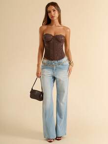 SHEIN BAE Áo bralette ren co giãn màu nâu dành cho nữ, trang phục thanh lịch cho kỳ nghỉ biển, áo corset ôm sát, thích hợp cho các buổi hòa nhạc, lễ hội âm nhạc, hộp đêm, trang phục gợi cảm. - màu nâu - Xem 7