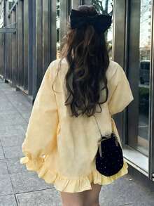 FRIFUL Women's Casual/Office Commute Solid Color Ruffle Sleeve Single-Breasted Shirt, Excluding Waist Bag - Yellow - View 6