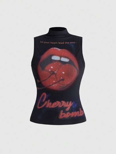 ROMWE J-Fashion Vintage Retro Red Lip Print Turtleneck Tank Top For Women