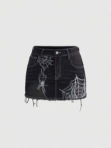 ROMWE Goth Dark Spider Web Embroidery Super Low-Waist Women Denim Mini Skirt - Black - View 1