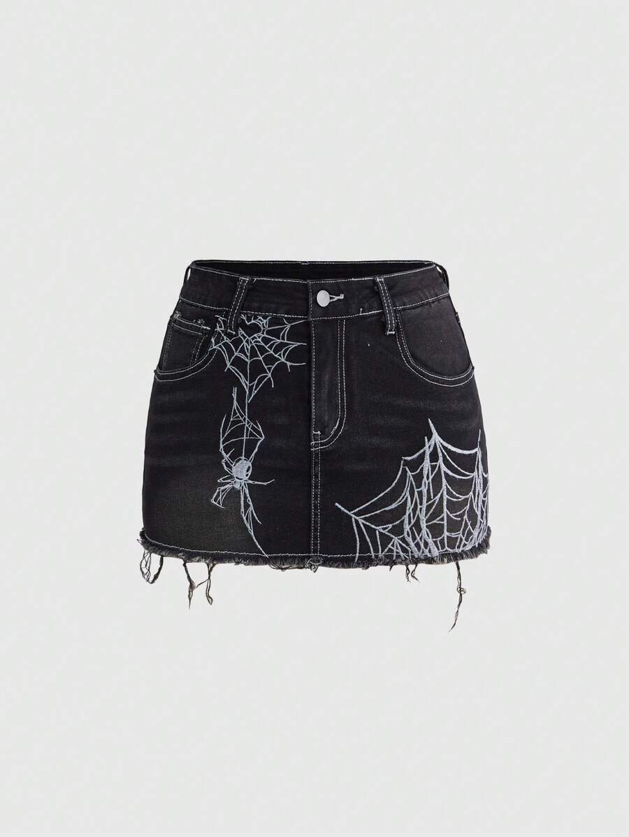 ROMWE Goth Dark Spider Web Embroidery Super Low-Waist Women Denim Mini Skirt - Black - View 1