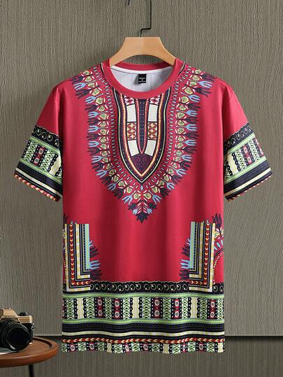 Manfinity Homme 加大码男士时尚印花T恤，休闲复古撞色图腾短袖，男女皆宜的百搭短袖上衣，适合作为送给男友/家人的礼物