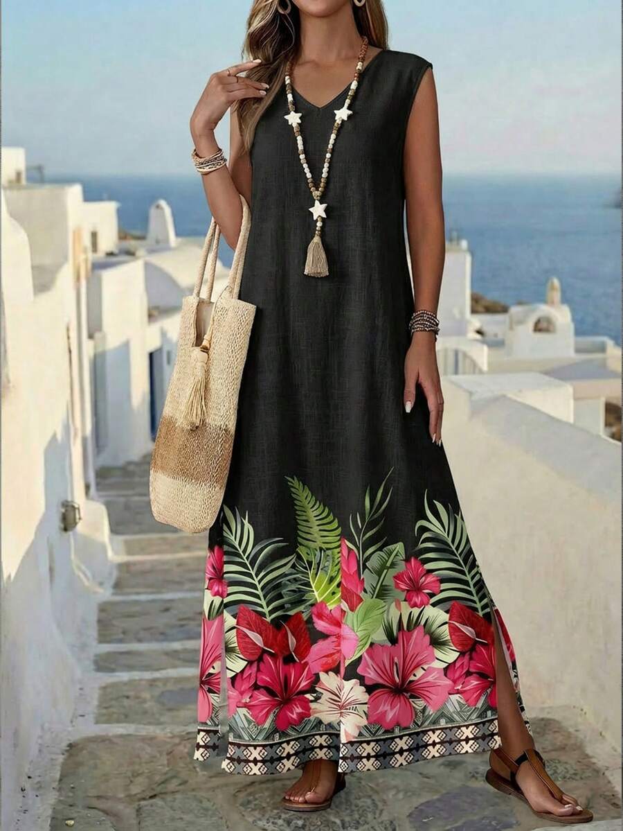 EMERY ROSE Women's Casual Vacation Split Dress, Tropical Print, Vacation Outfit - Multicolor - View 1