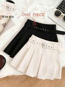 Elnivra Fashionable New Pleated High Waist A-Line Skirt, Elegant Belted Design, Autumn/Winter - Apricot - View 3