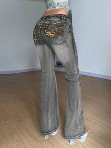 StreetHx Women's Retro Leopard Print Embroidered Flare Jeans - Black - View 6