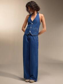 SHEIN Summer Casual Front Button Backless Halter Top And Denim Pants Set - Dark Wash - View 4
