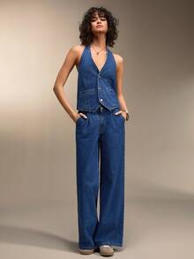 SHEIN Summer Casual Front Button Backless Halter Top And Denim Pants Set - Dark Wash - View 5