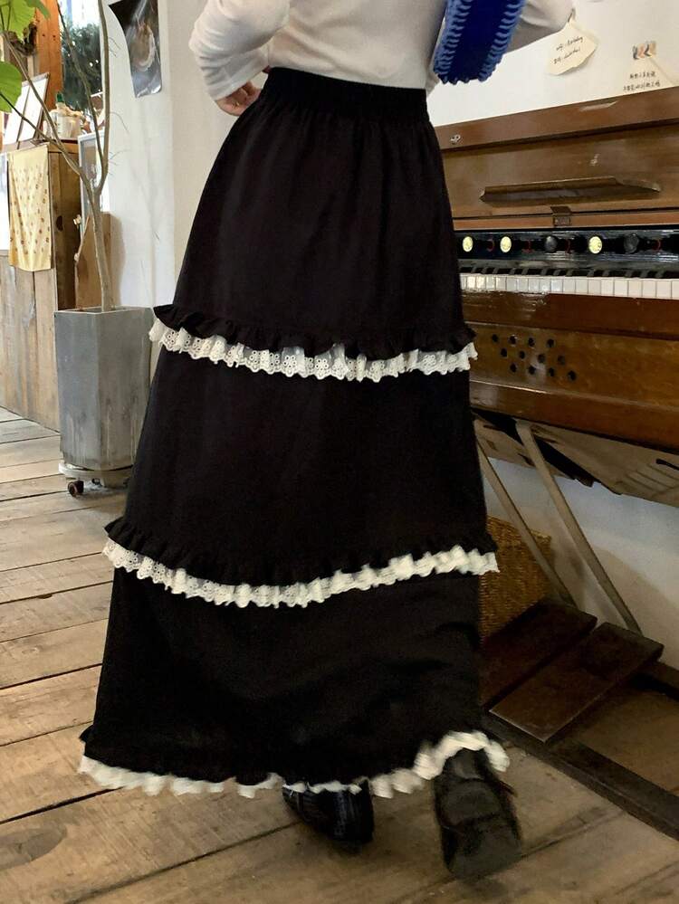 Women's Casual Versatile Contrast Color Lace Patchwork A-Line Skirt